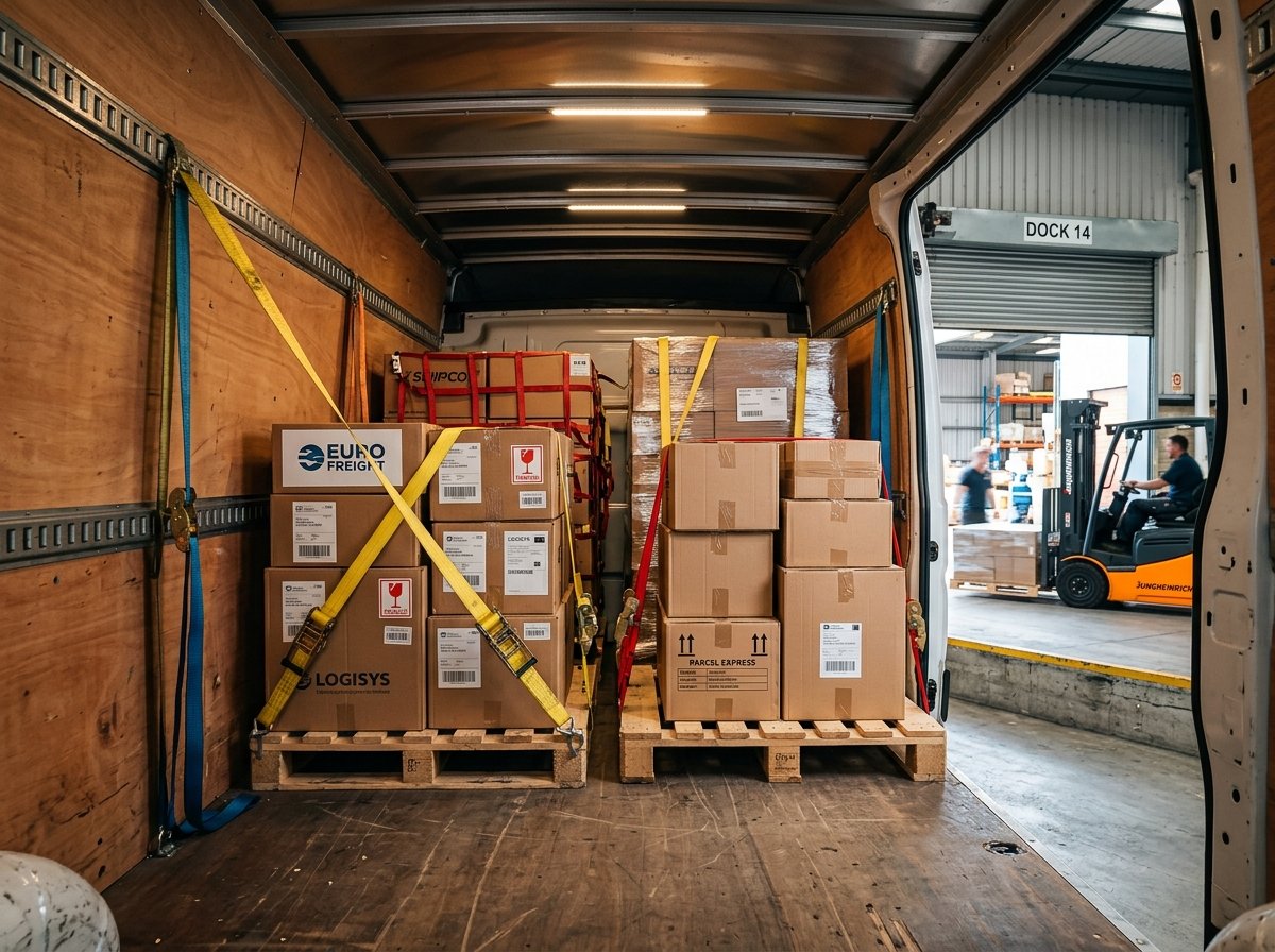 Pallet freight securely loaded in transport van